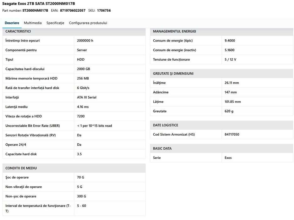 HDD Server 2TB Seagate Exos 7E10 7.2K RPM 256MB cache SATA III 3.5''