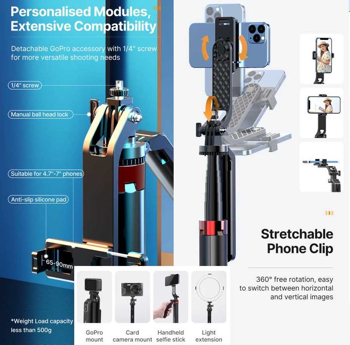 Ulanzi MA09 селфи стик , статив за смартфон или GoPro 180 см.