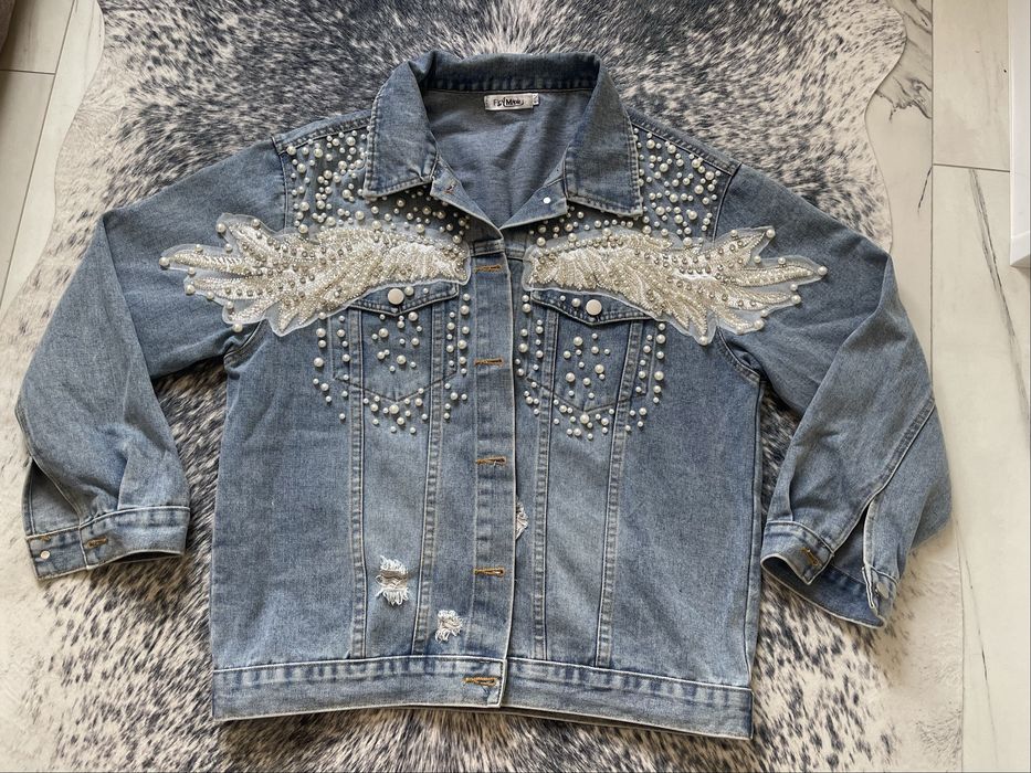 Дънково яке с перли и камъни