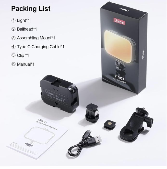 ULANZI VL100X LED селфи светлина с щипка