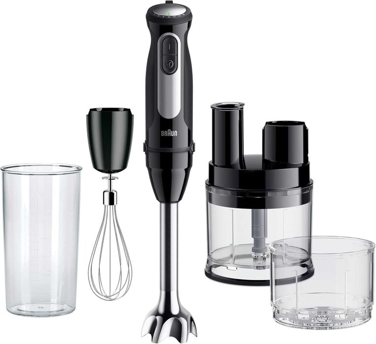 Braun MultiQuick 5 Pro MQ55755M, Ръчен блендер с 25 нива на скорост, Easy Click System Plus, 1000 W, Черен с мини кухненски робот, чопър, бъркалка