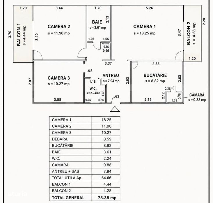 Apartament 3 camere, 64.66 mp, 2 balcoane, zona Marasti - BRD