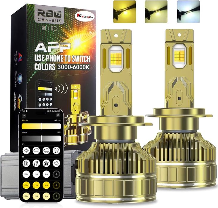 Set 2 Becuri LED Smart H7 Control prin telecomanda, 300W / 35.000LM, alb, galben (3000,4300 si 6000k)