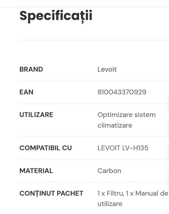 Filtru rezerva pentru Purificator de aer LEVOIT LV-H135