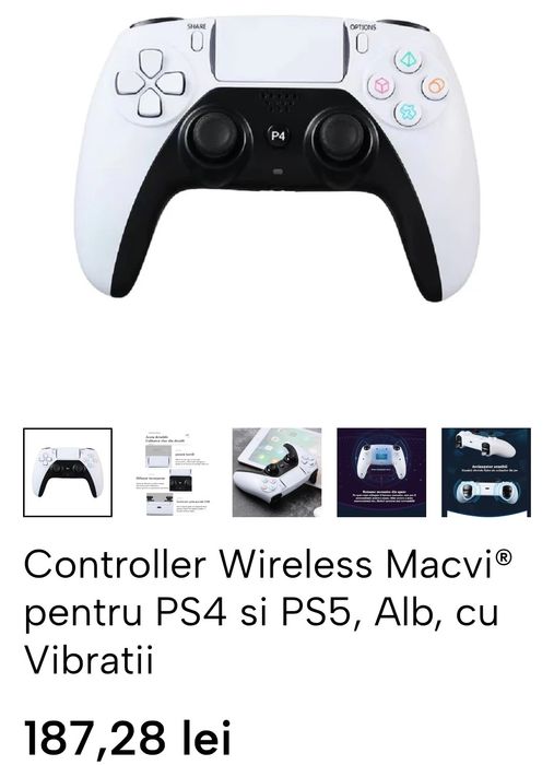 Controller Gamepad Manetă Wifi Macvi® pt PS4/PS5,Alb Vibratii,Difuzor