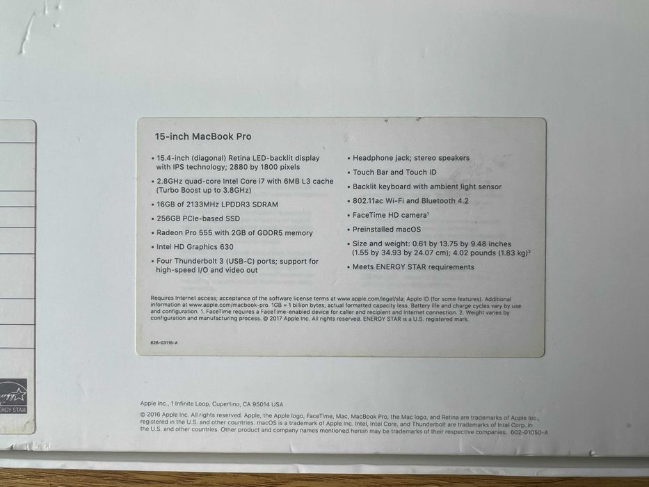 MacBook Pro 15-inch 2017, 2.8GHz, i7, 16RAM, 256GB SSD, A1707