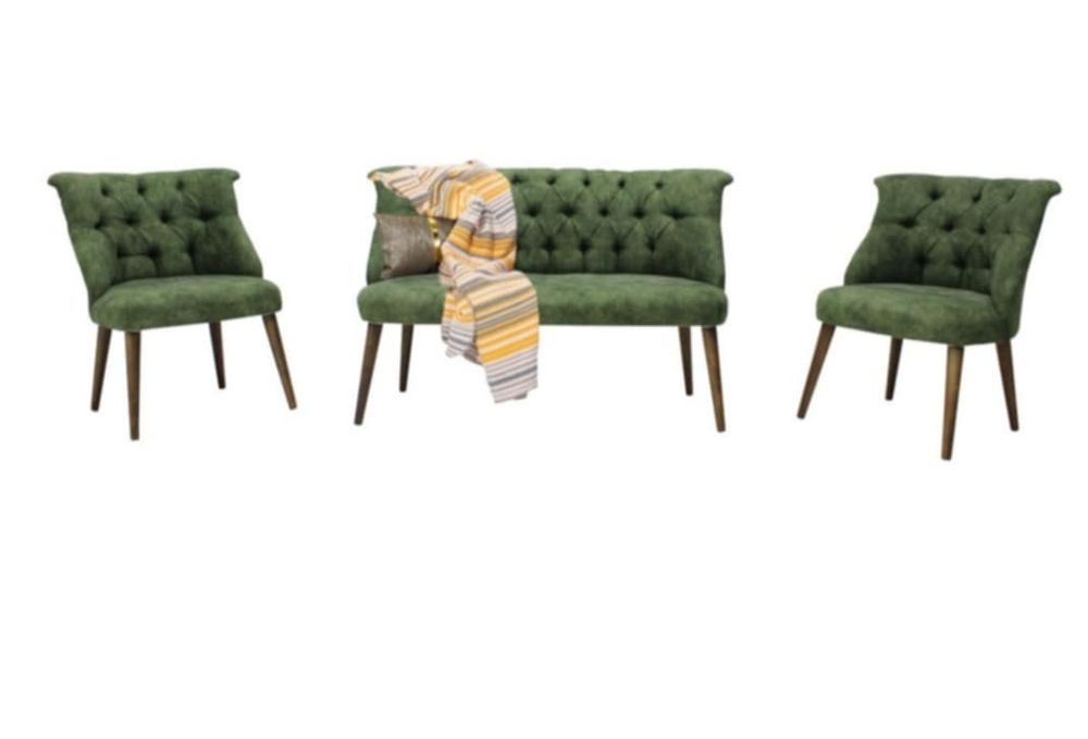 Set canapea + 4 fotolii, catifea verde și galben – 5 piese