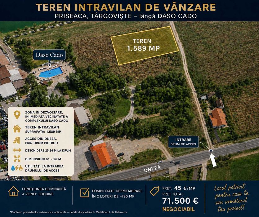 Teren intravilan 1.589 mp, Priseaca – Târgoviște, deschidere 26 m, lângă Daso Cado