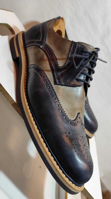 Pantofi derby 46 brogue Nicola Benson piele naturala moale navy gri