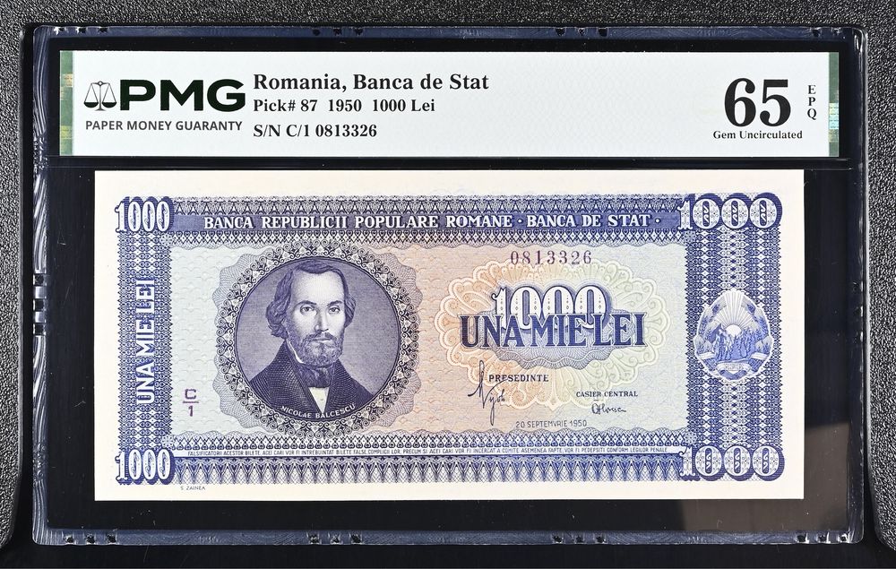 1000 lei 1950 pmg65 unc bancnota gradata