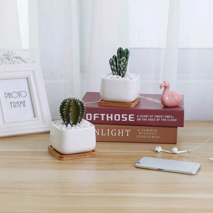 Set 2 ghivece din ceramică, cu suport din bambus