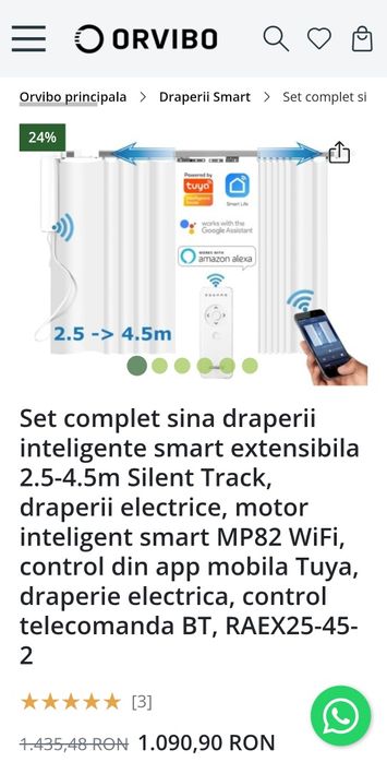 Set complet sina draperii inteligente smart extensibila 2.5-4.5m