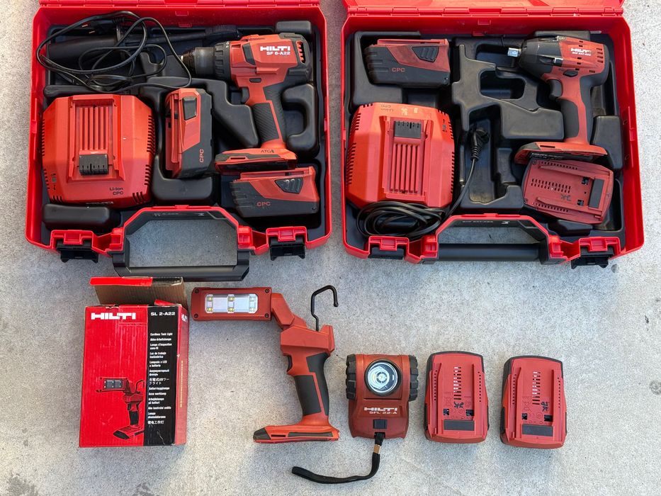 Hilti винтоверт SF 6-A22 + гайковерт SIW 6AT-A22 + 6 батерии и лампи