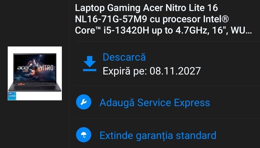 Laptop gaming Acer, garanție 2 ani