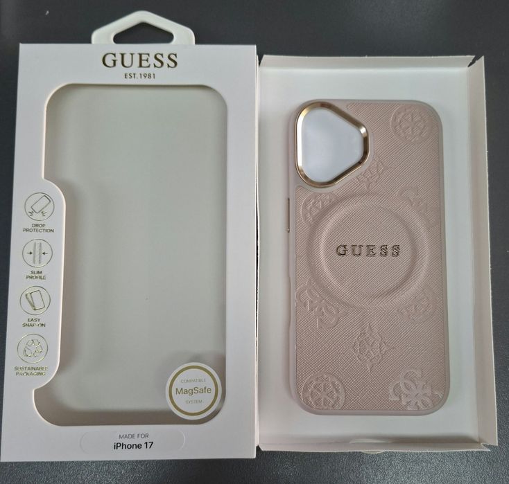 Оригинален гръб GUESS за iPhone 17 с вграден MagSafe за безжично зареждане кожен стилен кейс  издаден при камерата за по добра защита  за айфон 17