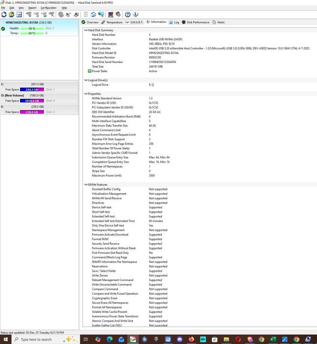 Solid-State Drive (SSD) SK hynix 256GB M.2 PCIe NVMe HFM256GDJTNG-8310