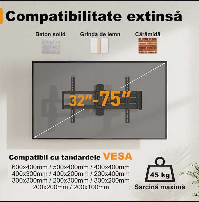 Suport TV de Perete,32-75 Inch(81-190cm),VESA 200x100-600x400, Max45kg