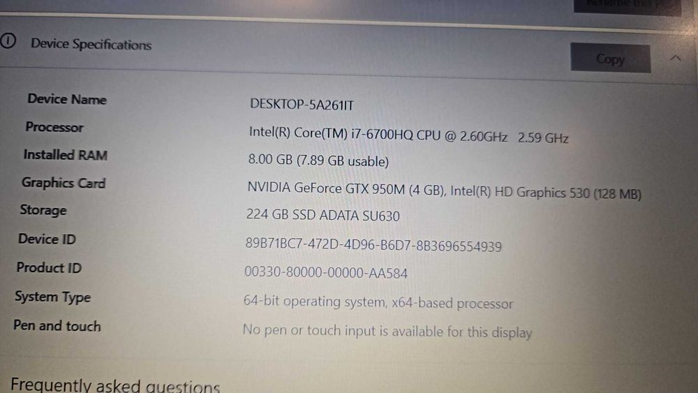 Laptop Asus F550V I7 6700HQ GTX 950M4GB SSD256Gb8GbRamVideochat/Gaming