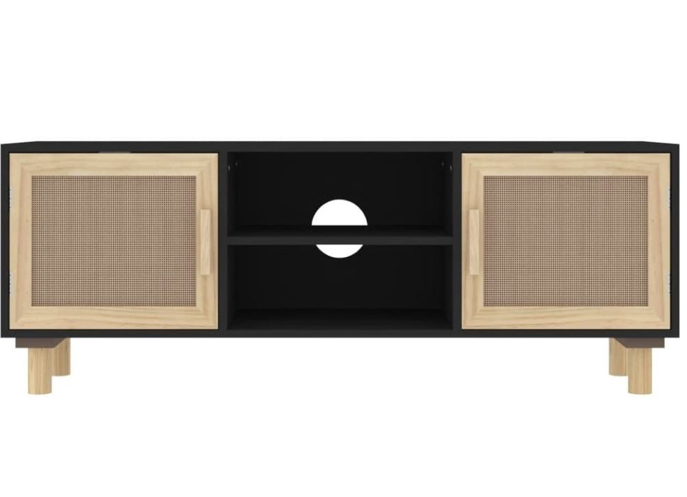 Comoda TV, negru, 105x30x40 cm lemn masiv pin si ratan natural
