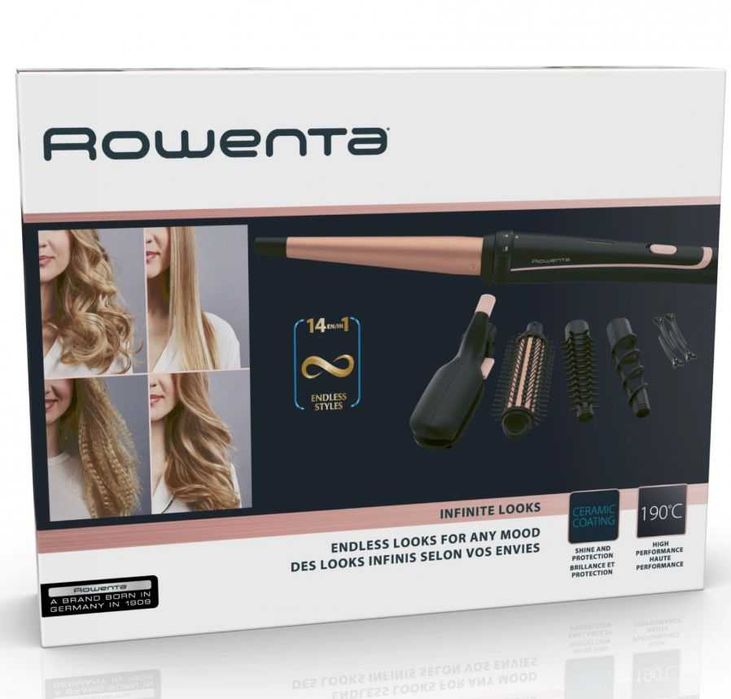Aparat de coafat Rowenta CF4231F0, Infinite Looks 14 în 1, invelis ceramic, accesoriu conic pentru bucle, perie rotunda, negru/portocaliu