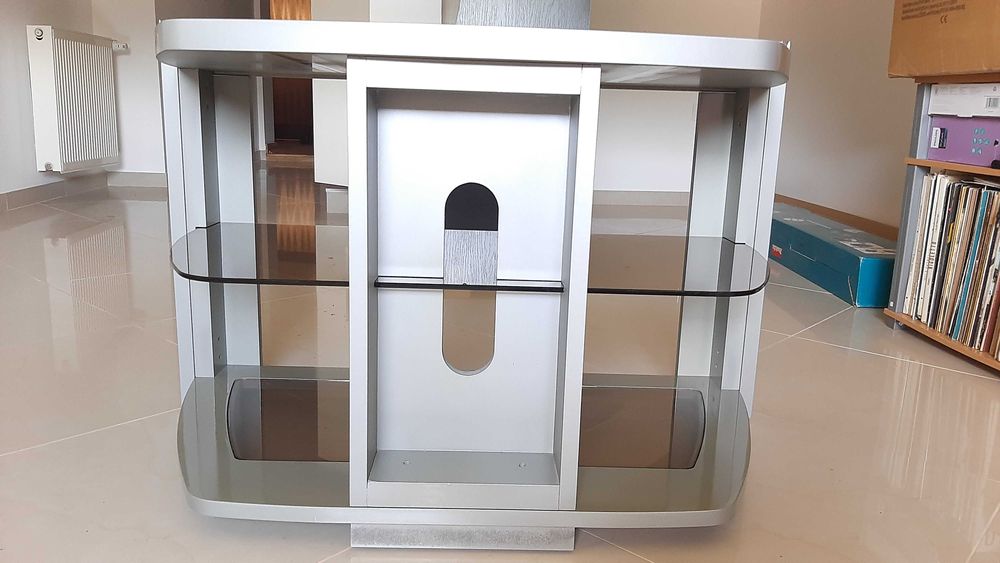 Suport (stand) TV Samsung, 3 etaje fixe, argintiu, lemn/sticla, nou