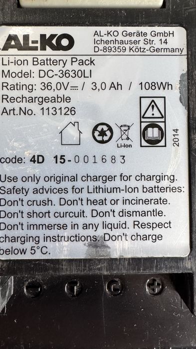 Incarcator si baterie Al-Ko 36 volti pentru masina de tuns iarba