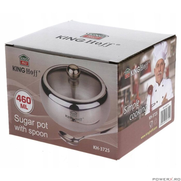 Recipient pentru zahar, sosuri, condimente, cu lingura si capac, inox,