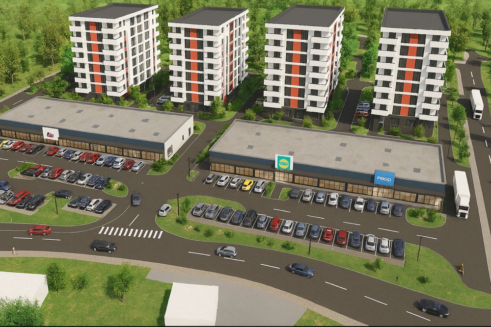 Proiect imobiliar mixt: doua spatii comerciale si patru blocuri S+P+7E