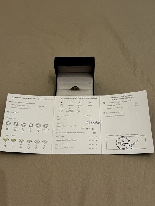 Inel logodna Aur 14 K cu Safir 0.50 ct, Diamante 0.02 ct