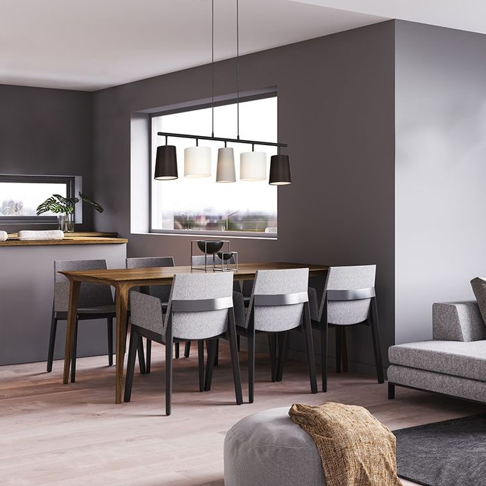 Висящ,линеен полилей с текситлни абажури 5 крушки