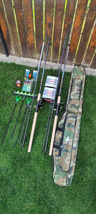 Set 2 Lansete Feeder Carbon Black Fox 3,90m,2 Mulinete X 6000,Geanta,Senzori,Suporți,Fir+2 Monturi+Matrita