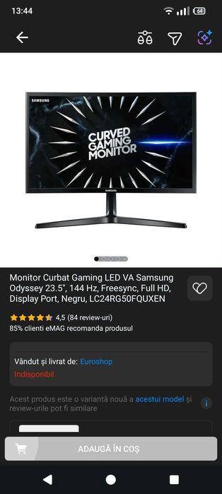 Monitor curbat  LED Samsung Odyssey 23.5 - Gaming, 144 Hz, Full HD, Freesync + suport brat de metal