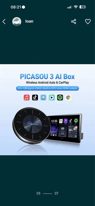 CarPlay wireles Ottocast Picasou 3 AIBox