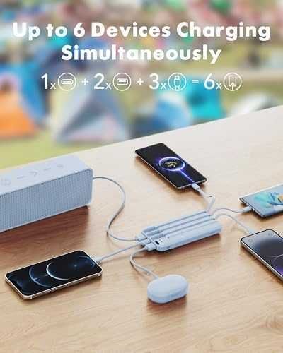 Нова Външна Батерия 20000mAh бързо зареждане 6 изхода, 4 кабела, USB C