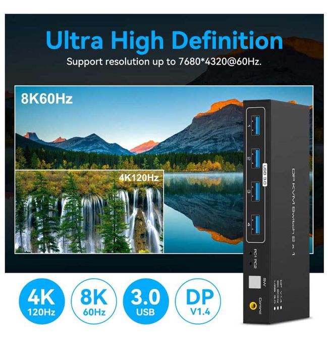 Comutator KVM VPFET, suport DisplayPort 4k120HZ 8K60HZ