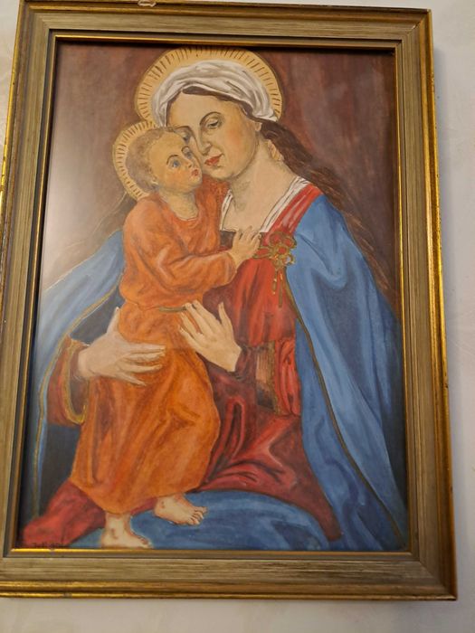 icoana Fecioara Maria cu Pruncul desen acuarele 16/21,5 cm