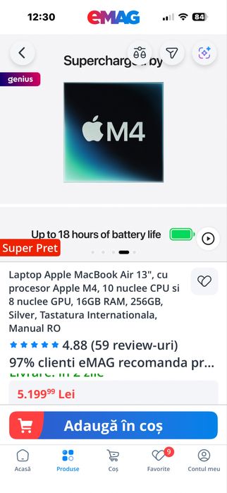 MacBook Air 13", cu procesor Apple M4, 16GB RAM, 256GB, Silver