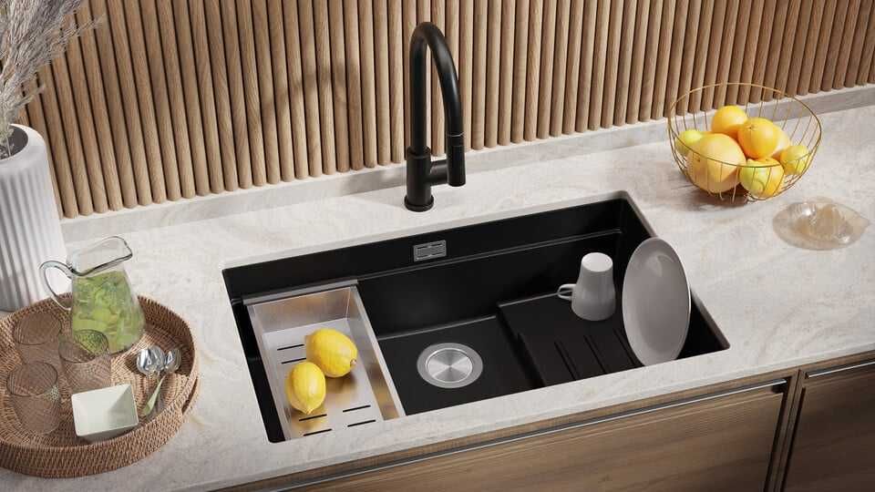 Черна гранитна мивка за монтаж под плот Прага 80 Step Level 560 x 470