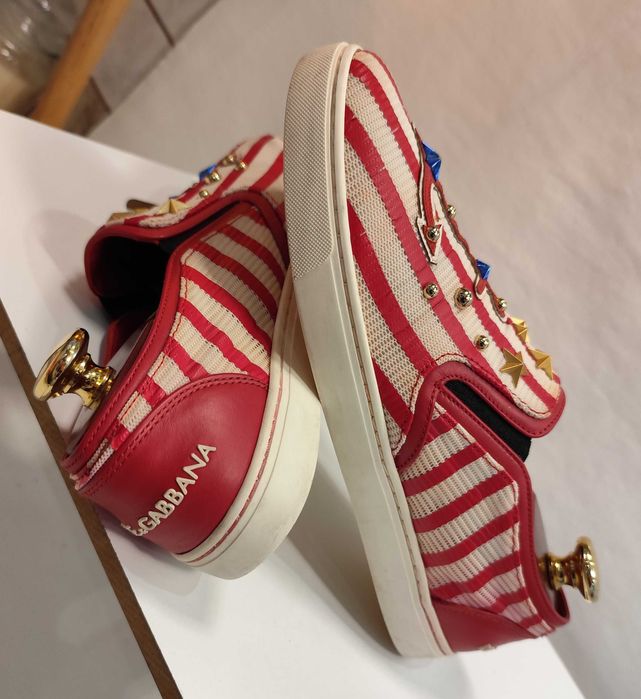 Pantofi mocasini de lux 38.5 39 Dolce & Gabbana slip on piele alb rosu detalii