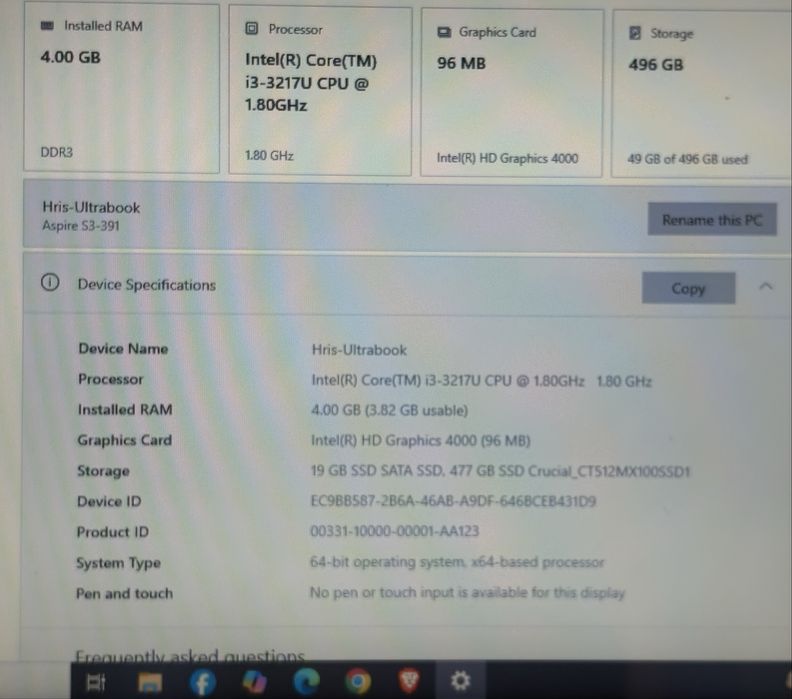 Laptop Acer Aspire S3