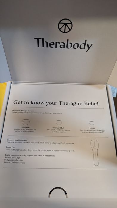Dispozitiv de masaj Therabody Theragun Relief TG0003969-3A50, husa, 3 atasamente, cablu USB pentru incarcare, Bej

 5.00