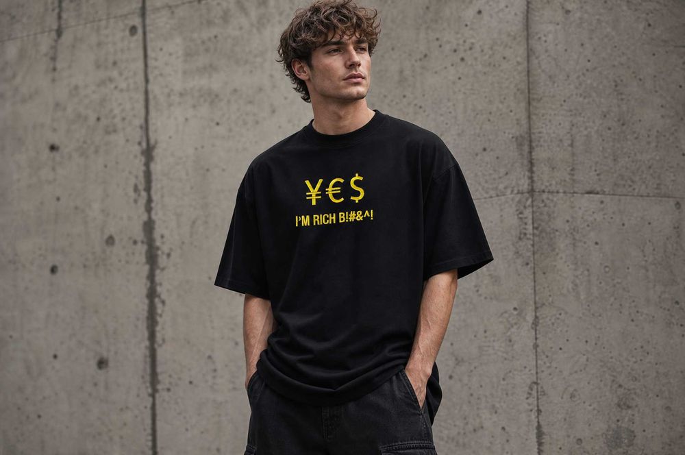 Мъжка тениска Vetements „¥€$ I'm Rich" Limited Edition — черна, oversized fit, жълта бродерия — S M L XL 2XL