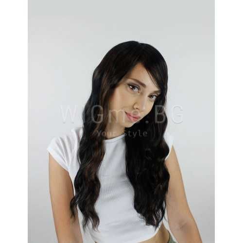 Дълга черна на вълни със светлокестеняви кичури, с бретон перука Лена