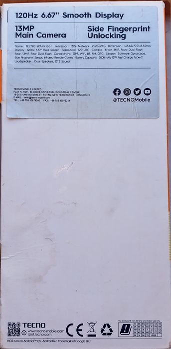 Tecno Spark Go 1. 3/64 GB karobka dokmenti bor .
3/64 GB . Network-4 5