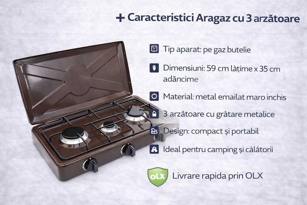 Aragaz portabil 3 arzatoare Nurgaz 590x330 mm gaz