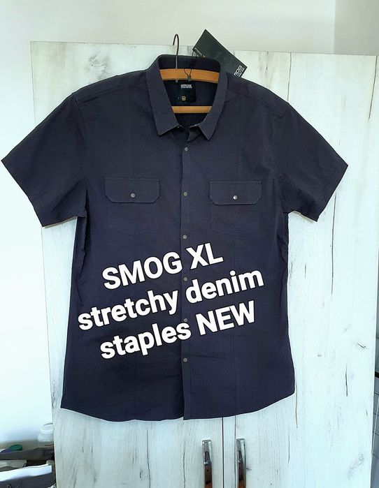 SMOG XL cămașă neagră slim fit denim elastic cu capse smart casual urban premium
