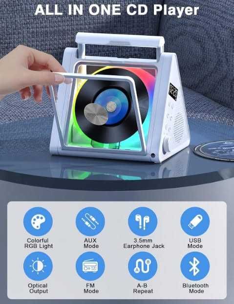 Преносим CD плейър Greadio CD02,  RGB светлини, 2 * 10W HIFI система, Bluetooth 5.3, 4000mAh батерия