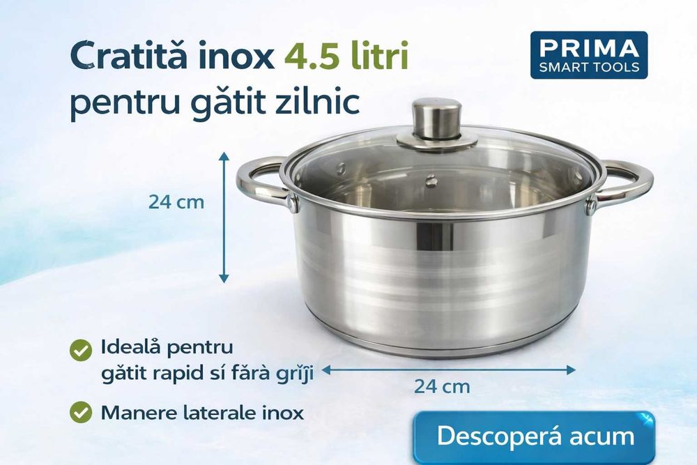 Cratita inox 4.5 litri cu capac de sticla pentru gatit zilnic