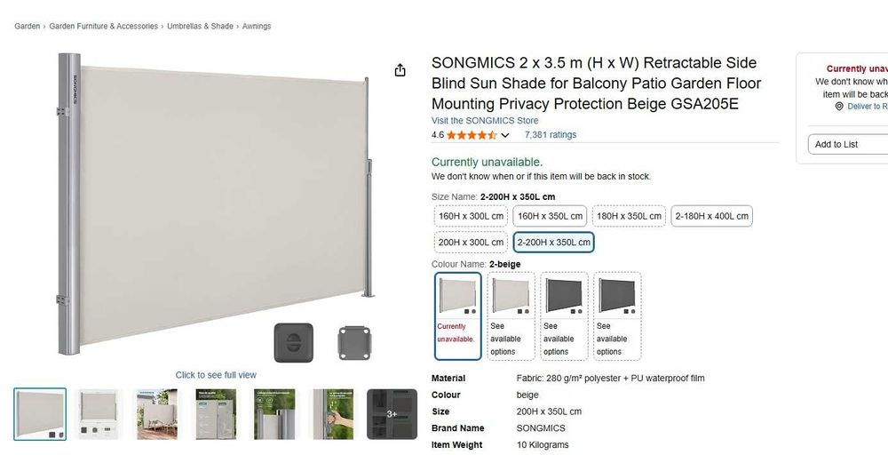 Copertina solara laterala Songmics GSA205E 200X350cm gri