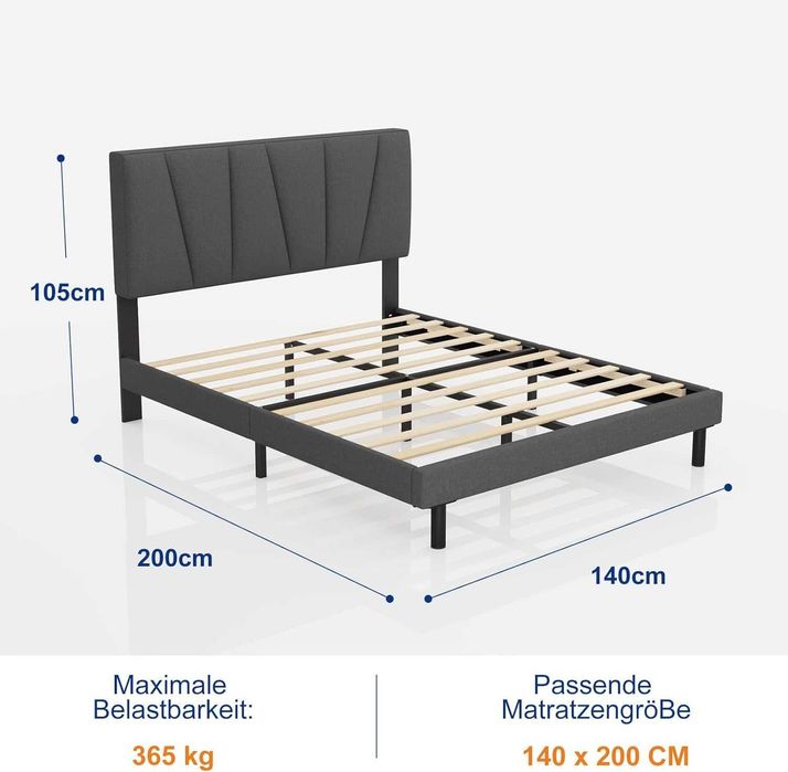 Molblly тапицирано легло 140×200 см с ламелна рамка и табла – сив